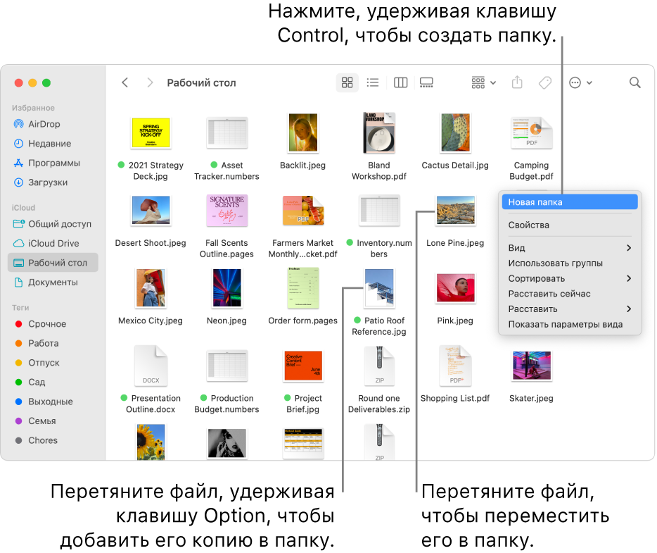 Показано окно Finder, в котором содержатся файлы и папки. В контекстном меню выделено «Новая папка».