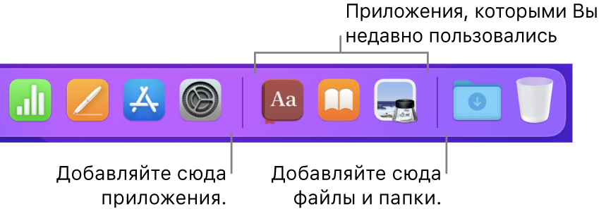 Часть панели Dock, в которой показаны разделительные линии между приложениями, недавно использованными приложениями, а также файлами и папками.