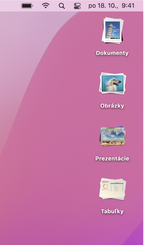 Plocha Macu so štyrmi zásobníkmi – na dokumenty, obrázky, prezentácie a tabuľky – pozdĺž pravého okraja obrazovky.