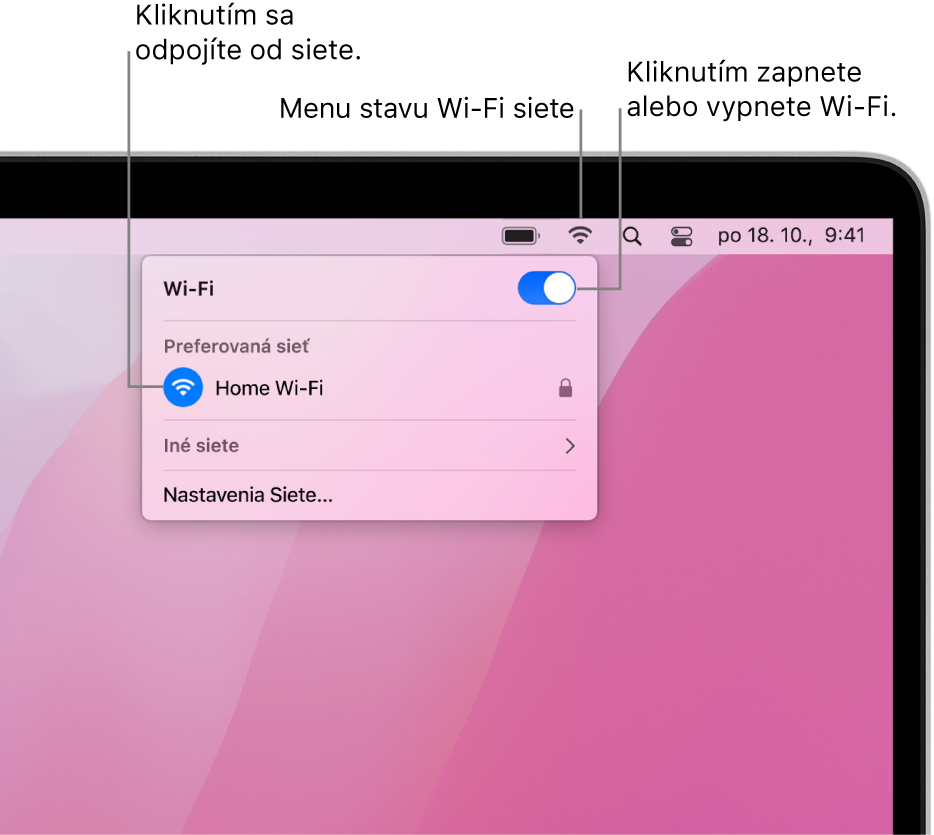 Stavové menu Wi-Fi zobrazujúce osobný hotspot a dve preferované siete.