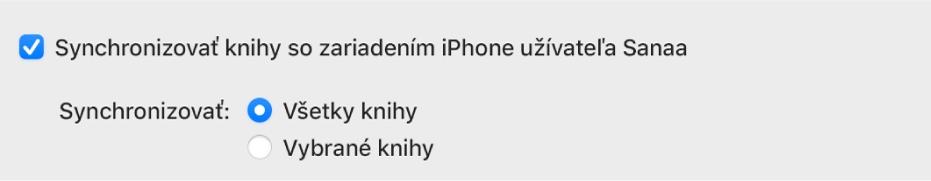 Políčko „Synchronizovať knihy do [zariadenie]“ je zaškrtnuté. Pod ním je políčko „Všetky knihy“, ktoré je zaškrtnuté, a nachádza sa napravo od časti Synchronizovať nad „Vybrané knihy“.