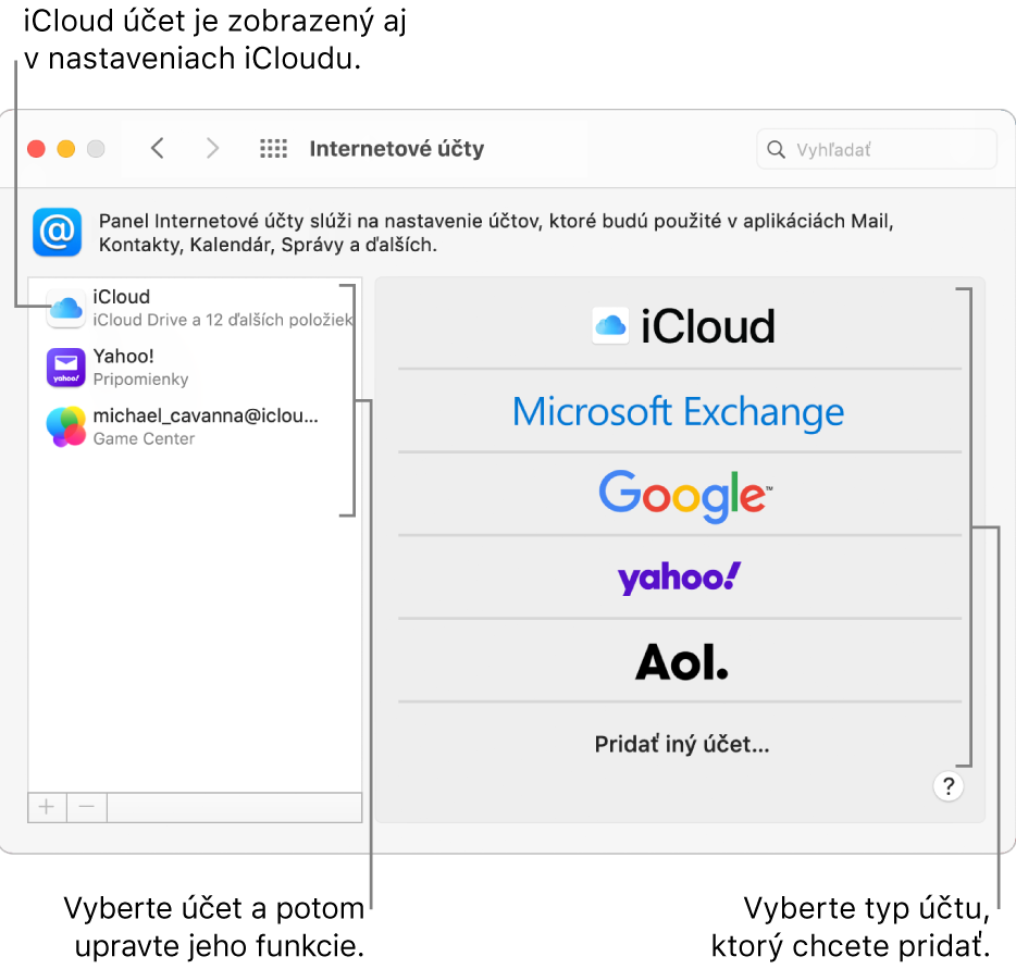 Nastavenia Internetové účty s účtami na pravej strane a zoznamom dostupných typov účtov na ľavej strane.