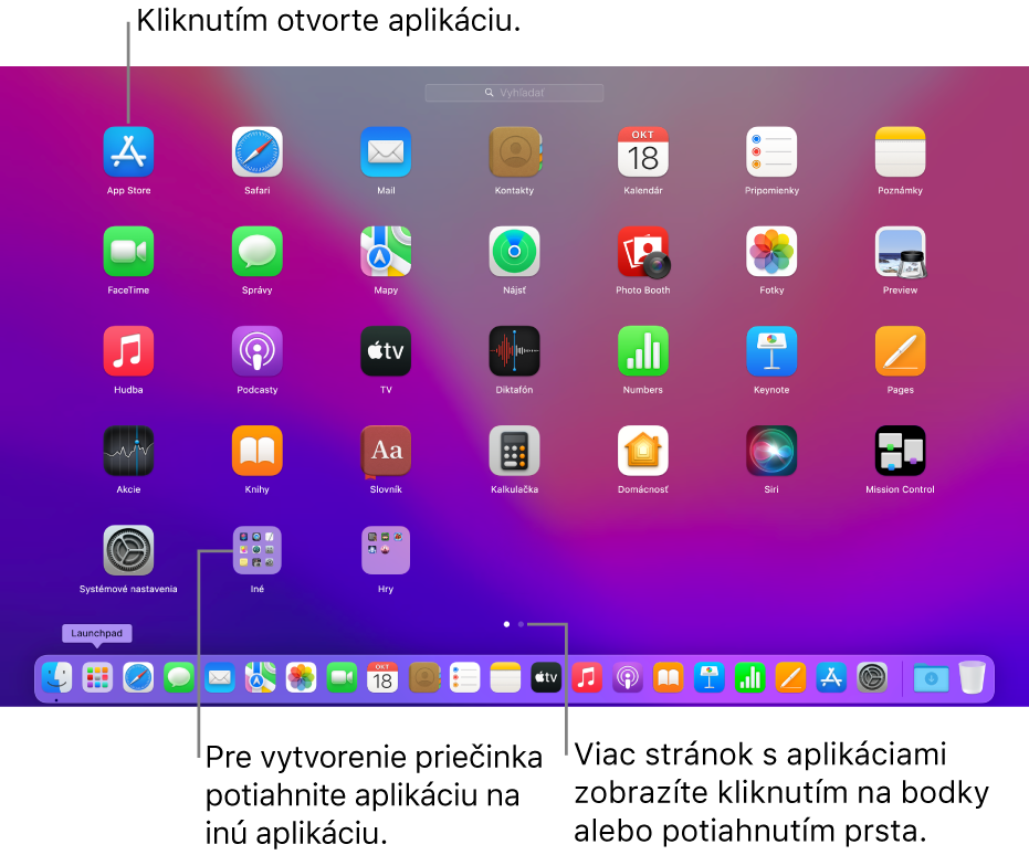 Launchpad znázorňujúci apky, ktoré môžete otvoriť.