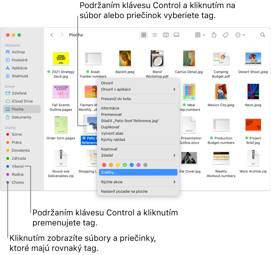 Okno Findera obsahujúce súbory a priečinky so značkami, s jedným vybratým súborom. V menu skratiek sú k dispozícii farebné možnosti pre značky a je zvýraznená položka Značky.