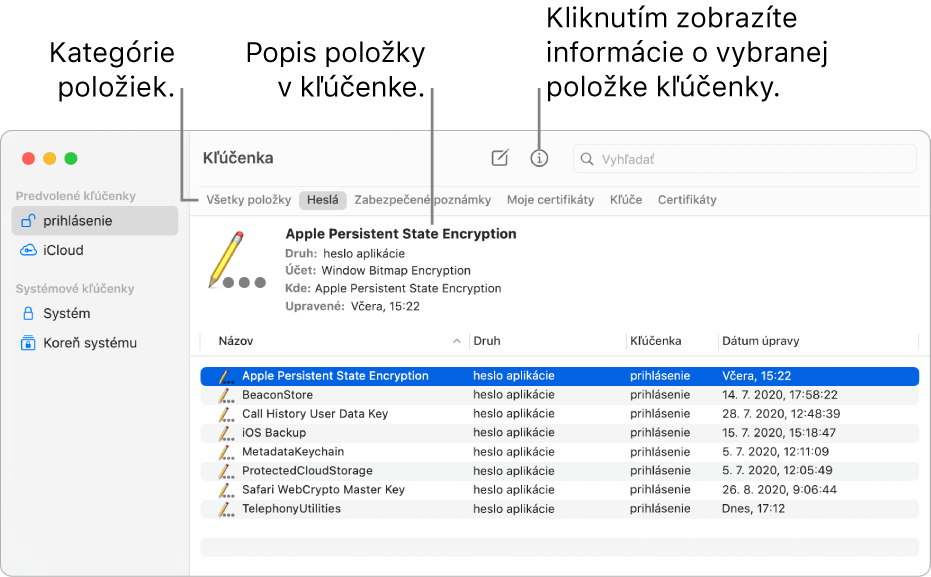 Okno apky Kľúčenka zobrazujúce kľúčenky v postrannom paneli. Na pravej strane sa zobrazuje popis vybraného hesla prihlasovacej kľúčenky.