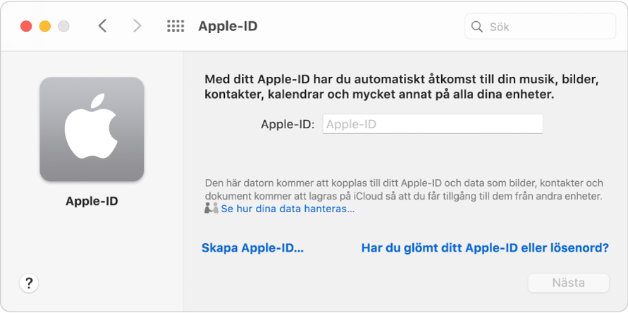 Dialogrutan för Apple‑ID där ett Apple‑ID kan anges. Med länken Skapa ett Apple‑ID kan du skapa ett nytt Apple‑ID.