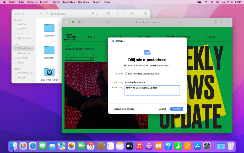 Ett Mac-skrivbord med två öppna fönster – Finder som visar filer från iCloud Drive samt appen Safari och inställningar för Dölj min e-postadress.