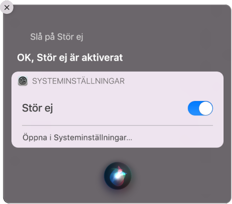 Siri-fönstret med en förfrågan om att slutföra åtgärden ”Slå på Stör ej”.