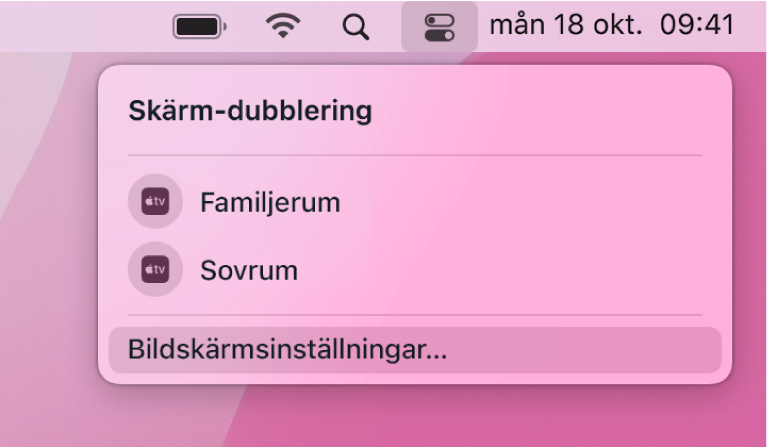 Alternativ för skärmdubblering, inklusive Apple TV, i en lista i Kontrollcenter.