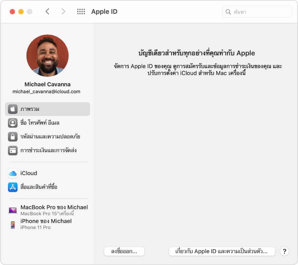 การตั้งค่า Apple ID ที่แสดงแถบด้านข้างพร้อมรูปภาพ Apple ID ที่ด้านซ้ายบนสุด