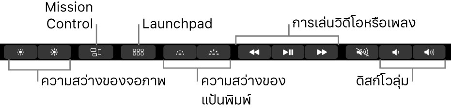 Control Strip ที่ขยายอยู่จะมีปุ่มต่างๆ เรียงจากซ้ายไปขวาดังนี้ ความสว่างจอภาพ, Mission Control, Launchpad, ความสว่างแป้นพิมพ์, การเล่นวิดีโอหรือเพลง และระดับเสียง