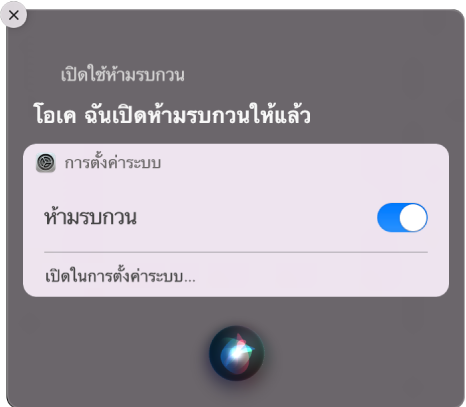 หน้าต่าง Siri ที่แสดงคำขอเพื่อทำการ ”เปิดใช้ห้ามรบกวน” ให้เสร็จสมบูรณ์