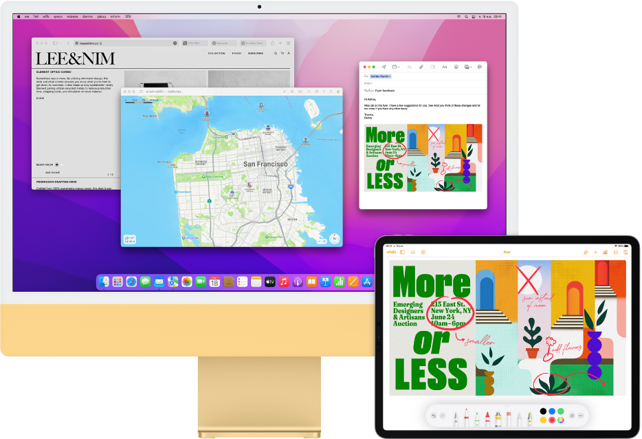 iMac ที่มีหน้าต่างเปิดอยู่หลายรายการ รวมถึงหน้าต่างเมล ซึ่งแสดงภาพสเก็ตช์ที่ลากมาจาก iPad โดยใช้แทร็คแพดหรือเมาส์ที่เชื่อมต่อกับ Mac