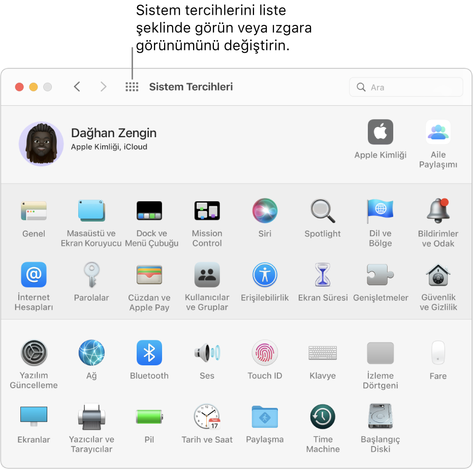 Simgeler ızgarasını gösteren Sistem Tercihleri penceresi. Sistem tercihlerini liste olarak göstermek veya ızgaranın görünümünü değiştirmek için Tümünü Göster düğmesini tıklayın.