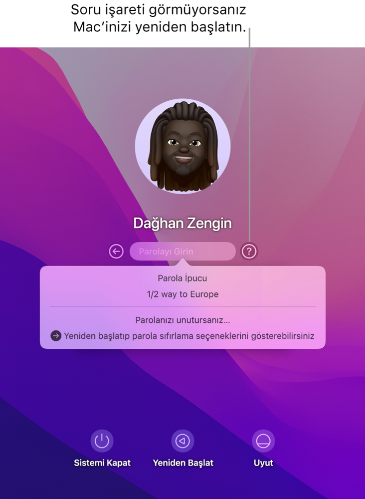 Parola ipucunuzu ve parolanızı sıfırlama yönergelerini gösteren Mac oturum açma ekranı.