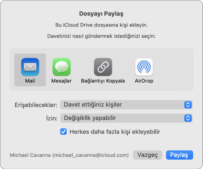 Davette bulunmak için kullanabileceğiniz uygulamaları ve belge paylaşmaya yönelik seçenekleri gösteren Dosyayı Paylaş penceresi.