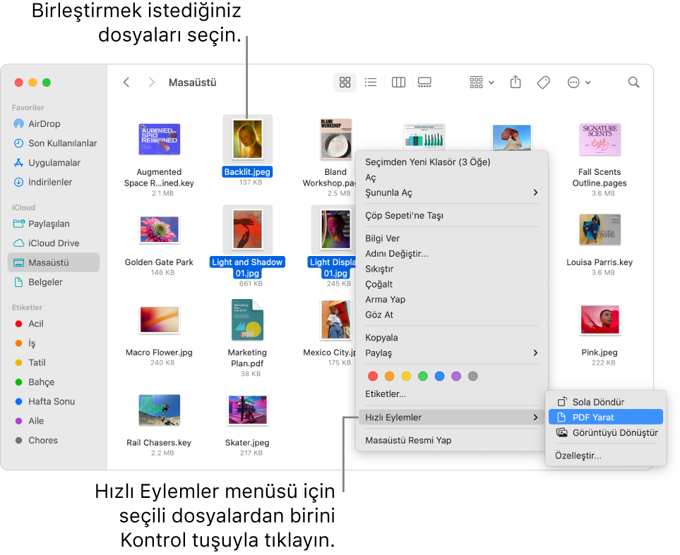 Dosyalar ve klasörler içeren bir Finder penceresi; üç dosya seçili ve Hızlı Eylemler menüsünde PDF Yarat vurgulanıyor.