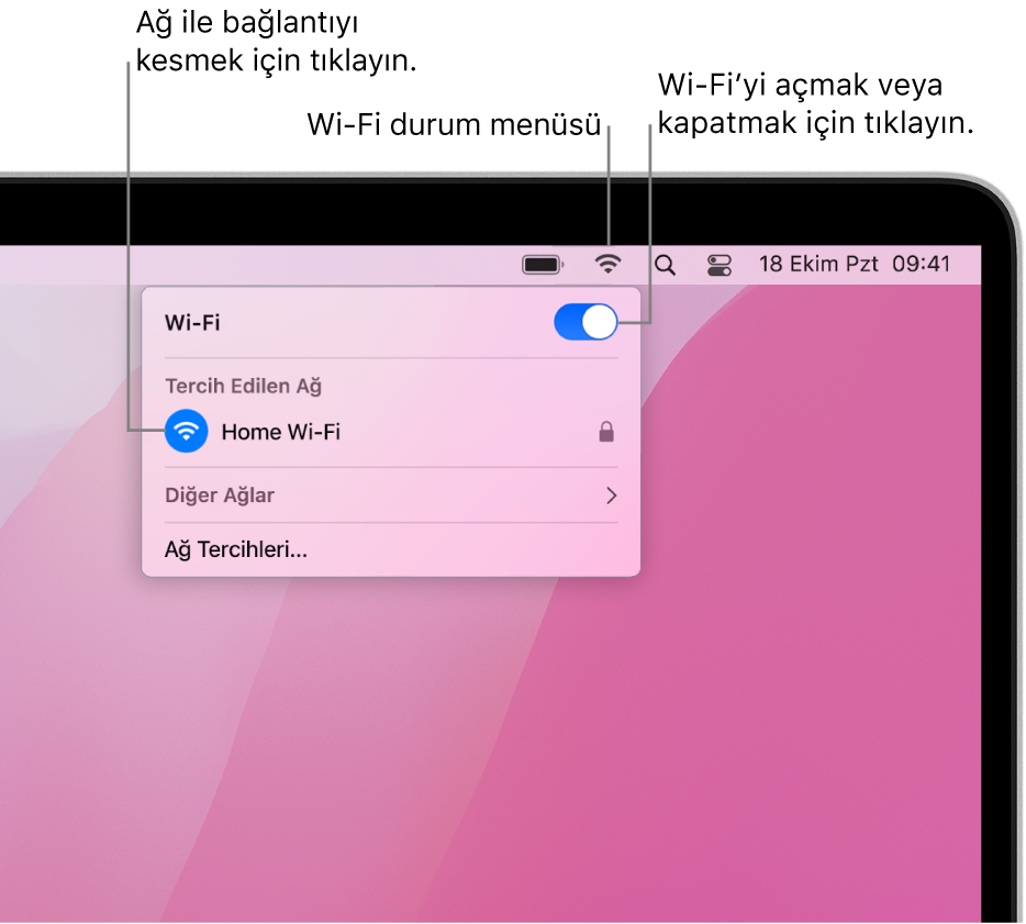Wi-Fi durum menüsü, bir Kişisel Erişim Noktası ve iki Tercih Edilen Ağ gösteriyor.