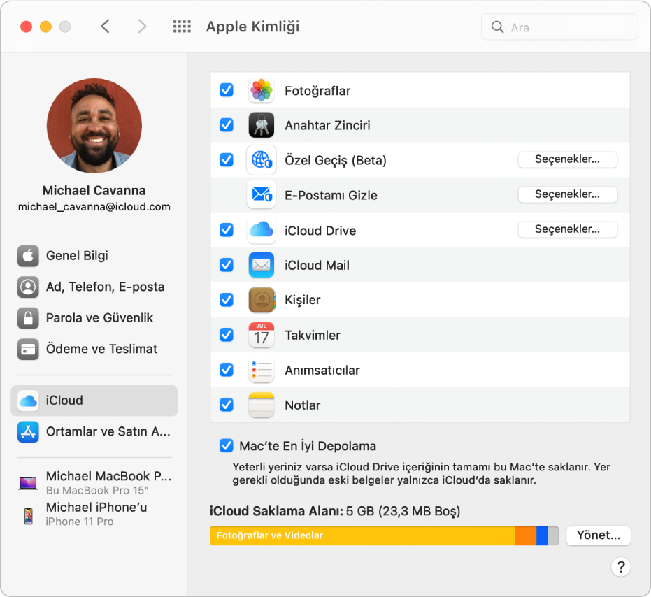 Kullanabileceğiniz hesap seçeneklerinin farklı türlerinin kenar çubuğunu ve var olan bir hesabın iCloud tercihlerini gösteren Apple kimliği tercihleri.