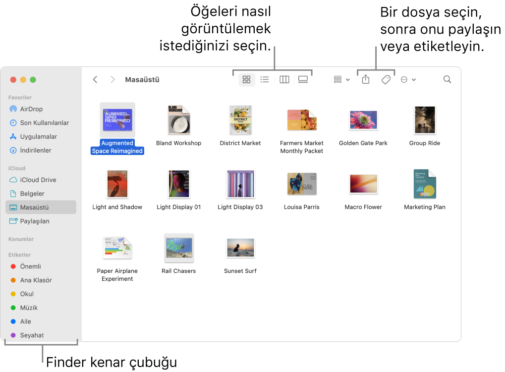 Solda Finder kenar çubuğu ile Finder penceresi. Pencerenin en üstünde, öğelerin pencerede gösterilme şeklini değiştiren dört düğme ile öğeleri düzenlemek ve paylaşmak için kullanabileceğiniz başka düğmeler var.