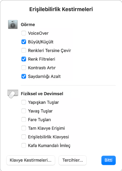 Renk Filtreleri gibi Görme özelliklerini ve Tam Klavye Erişimi gibi Fiziksel ve Devimsel özellikleri listeleyen Erişilebilirlik Kestirmeleri paneli. Panelde açmak veya kapatmak istediğiniz özellikleri seçin veya seçimlerini kaldırın.