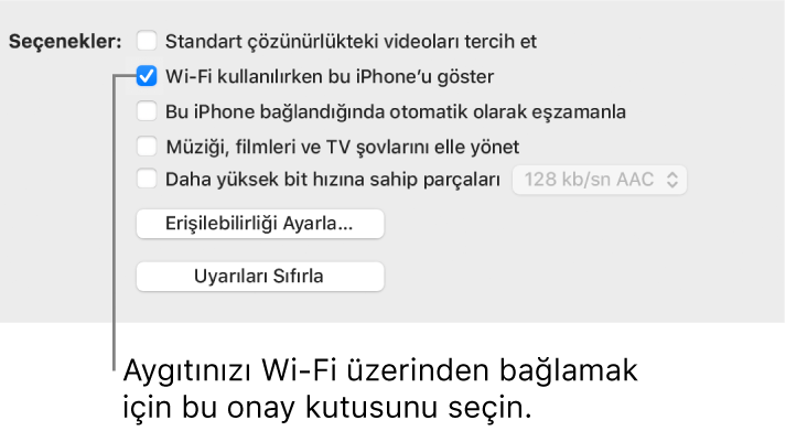 İçerik öğelerini elle yönetmeye yönelik eşzamanlama seçenekleri.