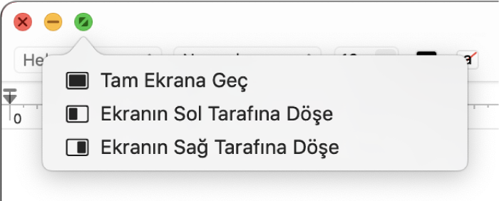 İmleci pencerenin sol üst köşesindeki yeşil düğmenin üzerine getirdiğinizde görünen menü. Yukarıdan aşağıya menü komutları şunları içerir: Tam Ekrana Geç, Ekranın Sol Tarafına Döşe, Ekranın Sağ Tarafına Döşe.