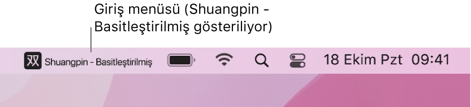 Menü çubuğunun sağ tarafı. Giriş menüsü, Shuangpin - Basitleştirilmiş giriş kaynağını gösterir.