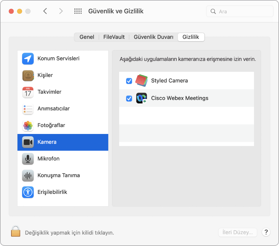 Güvenlik ve Gizlilik Sistem Tercihleri’ndeki Gizlilik bölümü. Kamera soldaki kenar çubuğunda seçilir ve kameraya erişebilen uygulamalar sağda seçilir.