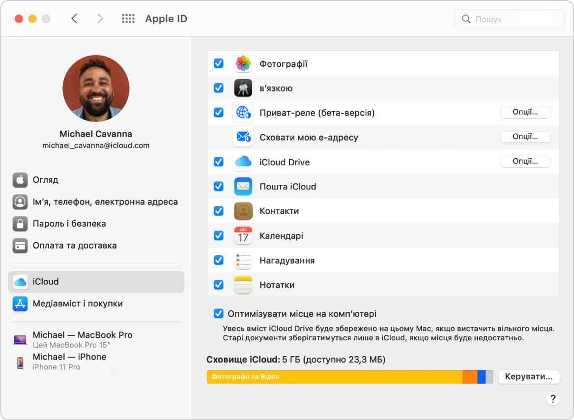 Параметри Apple ID, на боковій панелі представлено різні типи опцій облікового запису, які можна використовувати, а також параметри iCloud для наявного облікового запису.