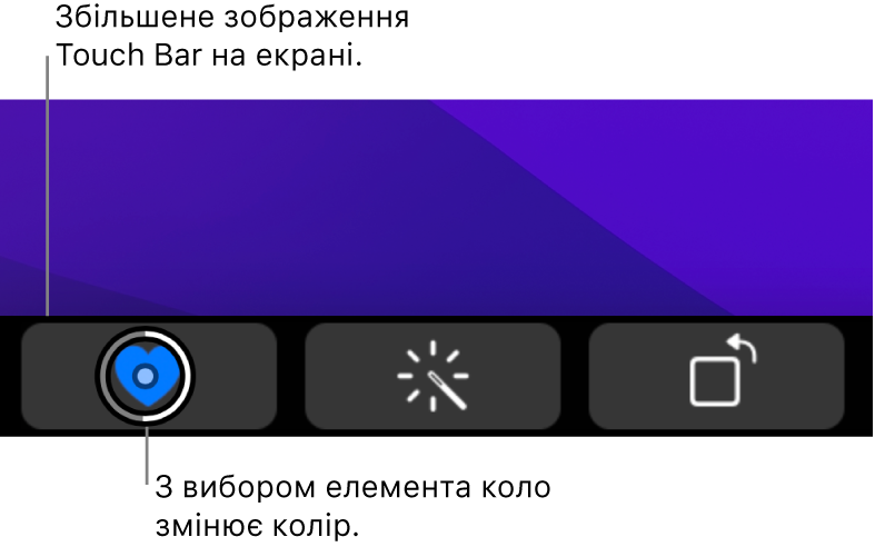 Наближена смуга Touch Bar унизу екрана; коло, яким виділено вибрану кнопку, змінюється.