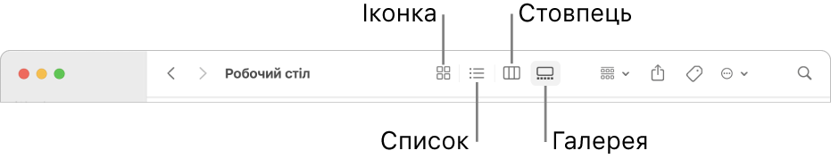 Верхня частина вікна Finder з кнопками опцій перегляду для папки.