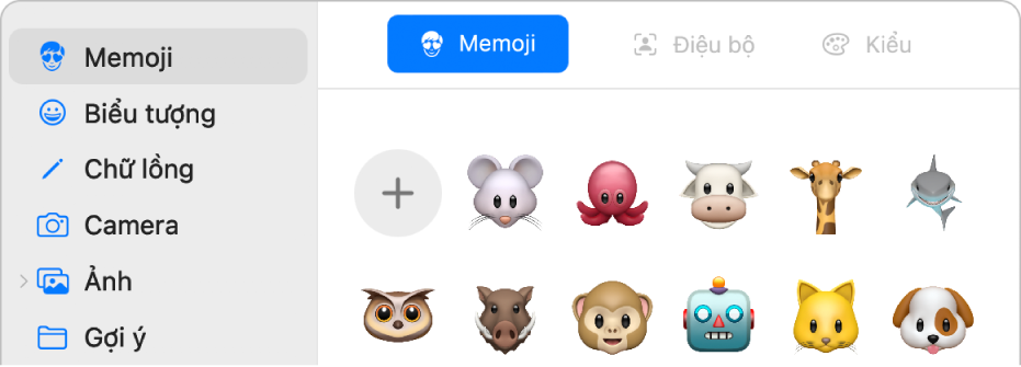 Hộp thoại hình ảnh ID Apple với Memoji được chọn trong thanh bên và nhiều Memoji được hiển thị ở bên phải.