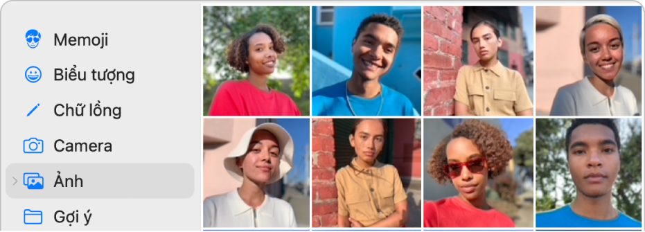 Hộp thoại hình ảnh ID Apple với Ảnh được chọn trong thanh bên và các ảnh được hiển thị ở bên phải.