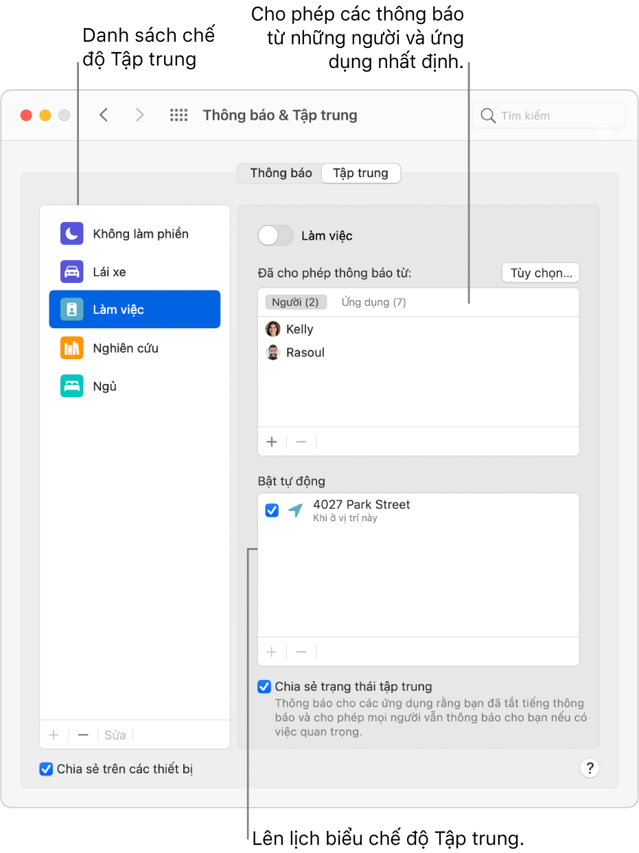 Tùy chọn chế độ Tập trung đang hiển thị danh sách chế độ Tập trung ở bên trái, với chế độ Tập trung Làm việc được chọn. Ở trên cùng bên phải là danh sách những người có các thông báo được phép khi chế độ Tập trung Làm việc đang hoạt động. Bên dưới là lịch biểu dựa vào vị trí tự động bật chế độ Tập trung Làm việc.