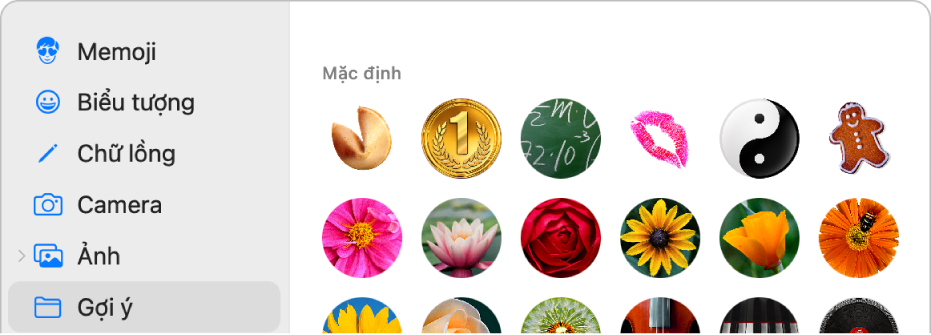 Hộp thoại hình ảnh ID Apple với Gợi ý được chọn trong thanh bên và các hình ảnh được gợi ý được hiển thị ở bên phải.