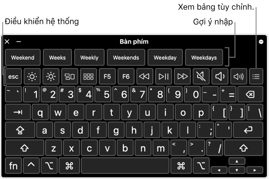 Bàn phím trợ năng với gợi ý nhập ngang đầu. Bên dưới là một hàng nút điều khiển hệ thống để thực hiện các việc như điều chỉnh độ sáng màn hình và hiển thị bảng tùy chỉnh.