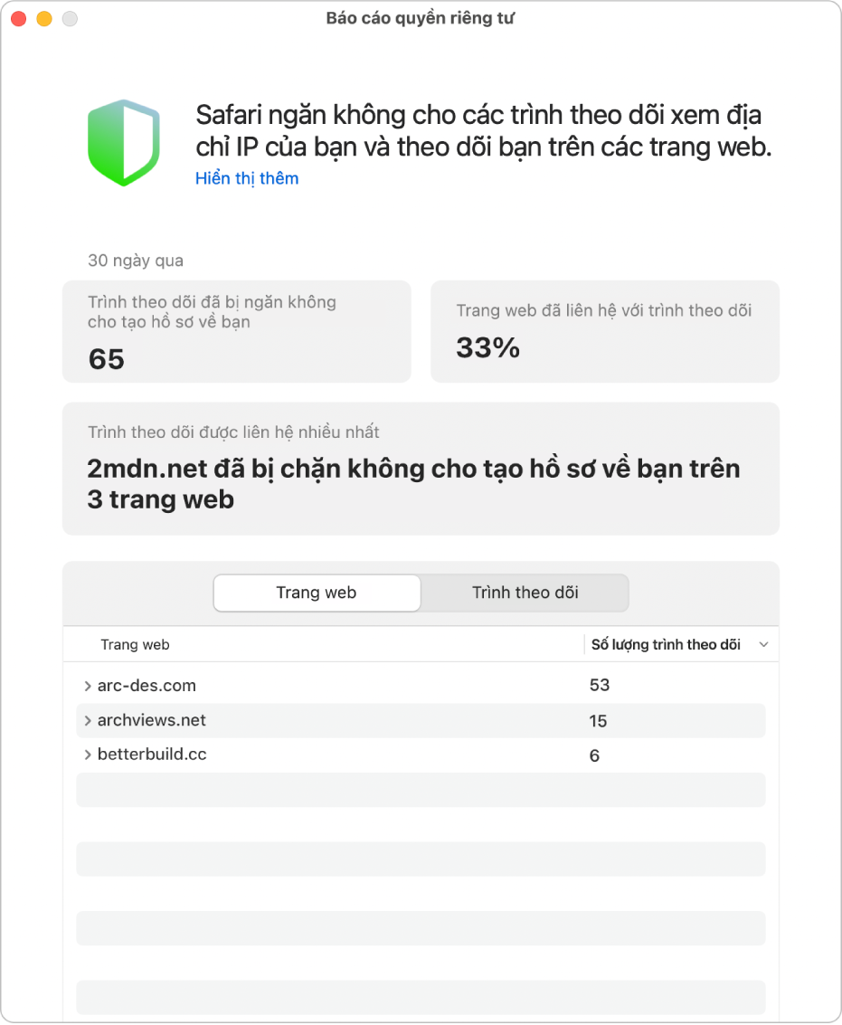 Báo cáo quyền riêng tư trên Safari.