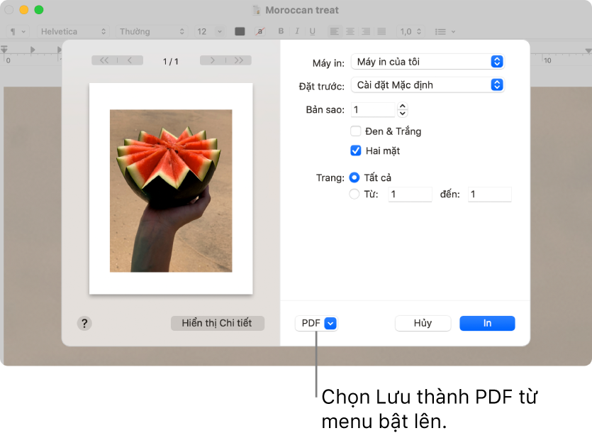 Bấm vào menu bật lên PDF, sau đó chọn Lưu thành PDF.