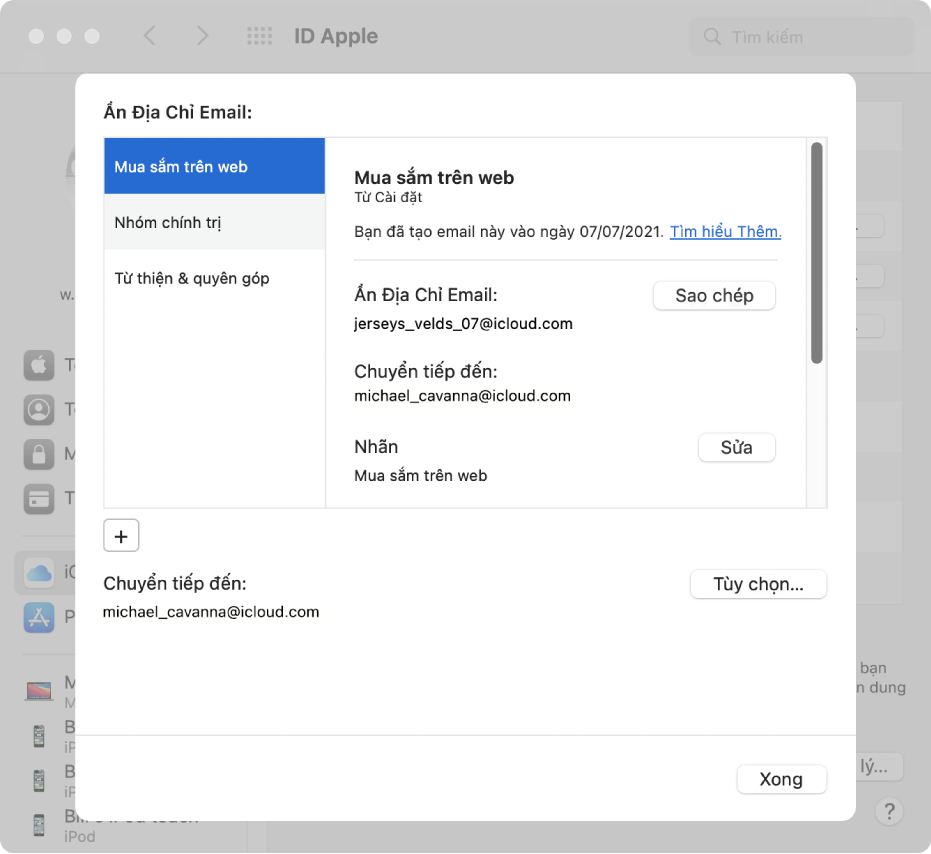 Tùy chọn Ẩn địa chỉ email và nút Tùy chọn trong cửa sổ Tùy chọn iCloud.