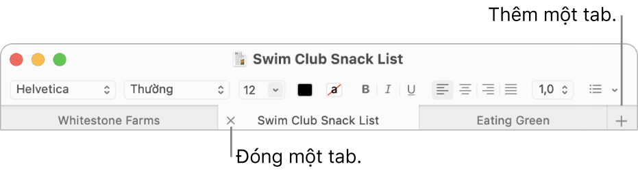 Cửa sổ TextEdit có ba tab trong thanh tab, nằm bên dưới thanh định dạng. Một tab hiển thị nút Đóng. Nút Thêm nằm ở đầu bên phải của thanh tab.