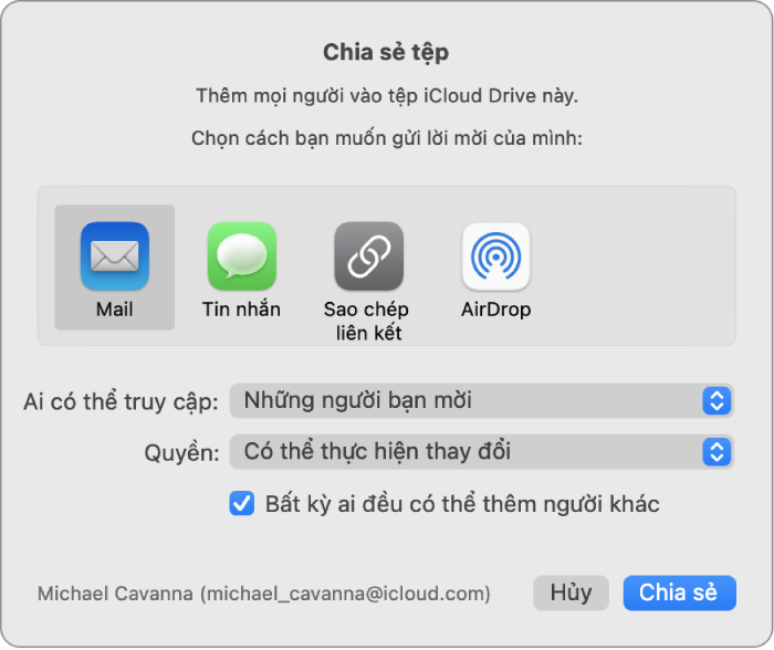 Cửa sổ Chia sẻ tệp đang hiển thị các ứng dụng mà bạn có thể sử dụng để đưa ra lời mời và tùy chọn chia sẻ tài liệu.