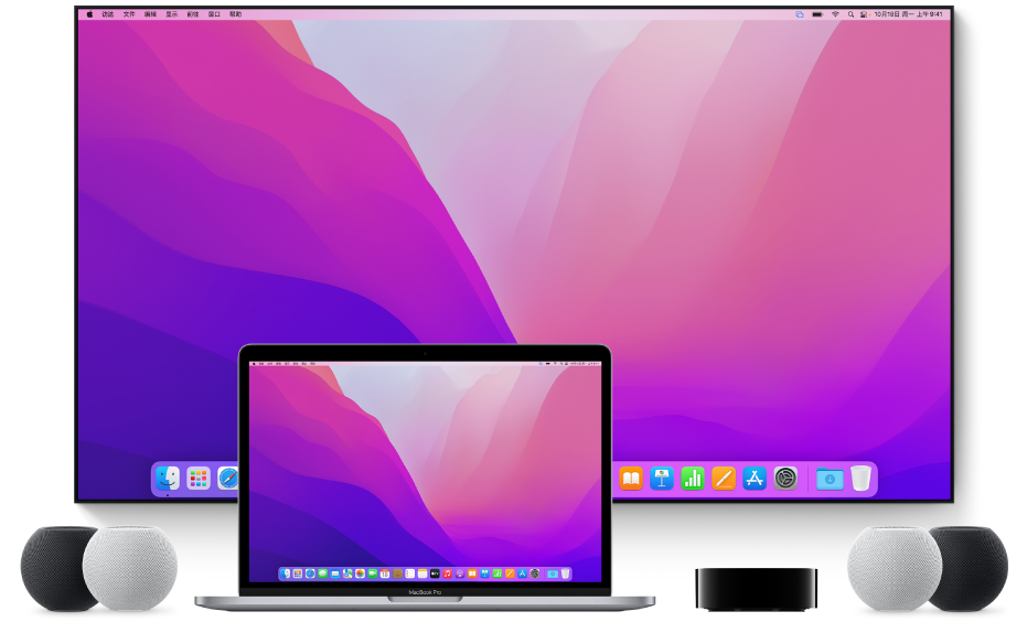 Mac 电脑以及可以使用“隔空播放”将内容流传输到的设备：例如，Apple TV、HomePod mini 扬声器和智能电视。