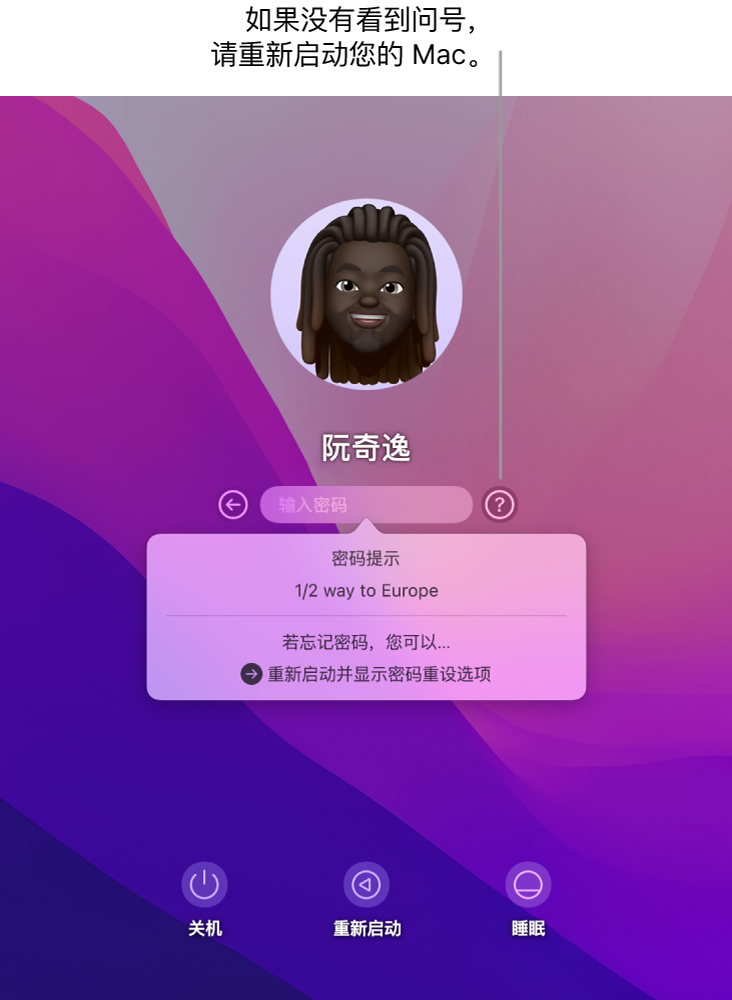 Mac 登录屏幕,显示密码提示和重设密码的说明。