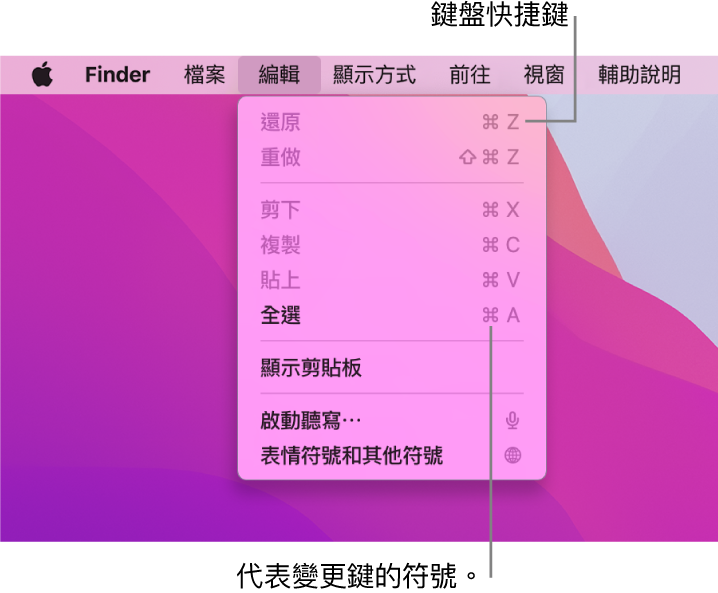 「編輯」選單在 Finder 中開啟；鍵盤快捷鍵顯示於選單項目旁邊。