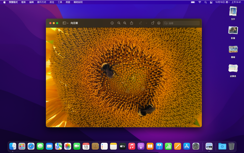 設為深色外觀的 Mac 桌面，顯示深色的 App 視窗、Dock 和選單列。