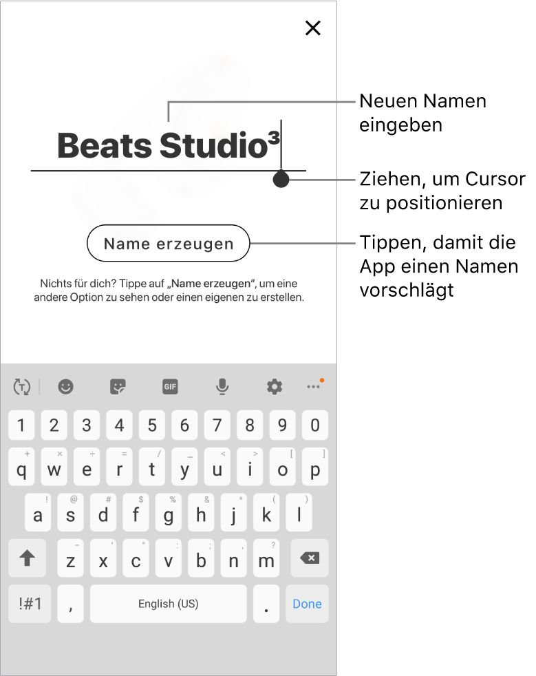 Bildschirm „Umbenennen“ mit aktiver Namensbearbeitung und „Name erzeugen“