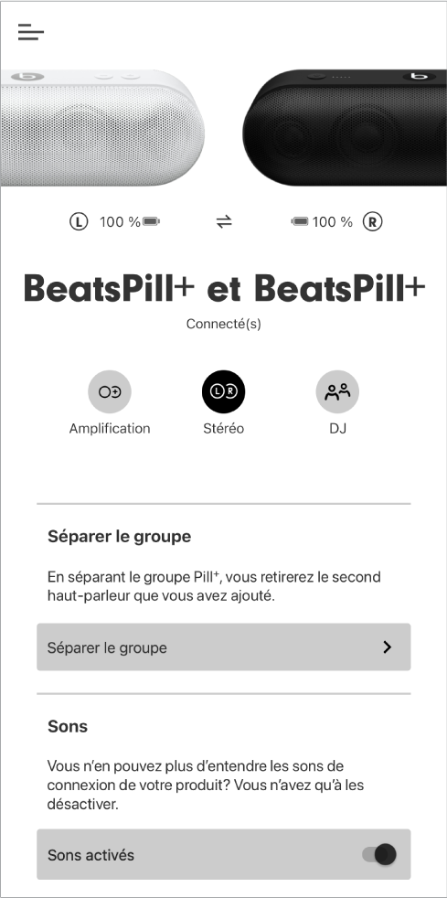 Écran de l’app Beats en mode Stéréo