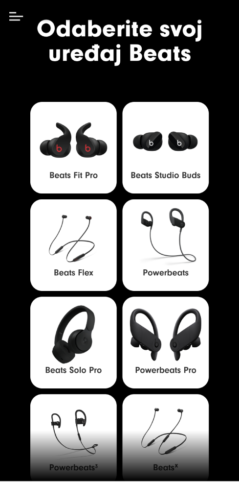 Zaslon Odaberite svoj uređaj Beats prikazuje podržane uređaje