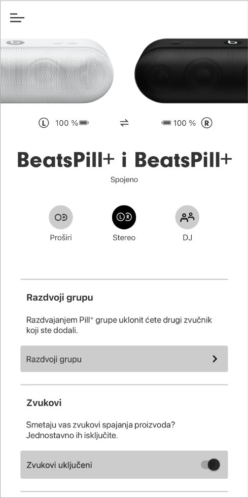 Zaslon aplikacije Beats u Stereo modu